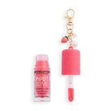 Revolution Pout Bomb Shimmer Lip Gloss in pink packaging with a charm, featuring a popsicle design and glitter.