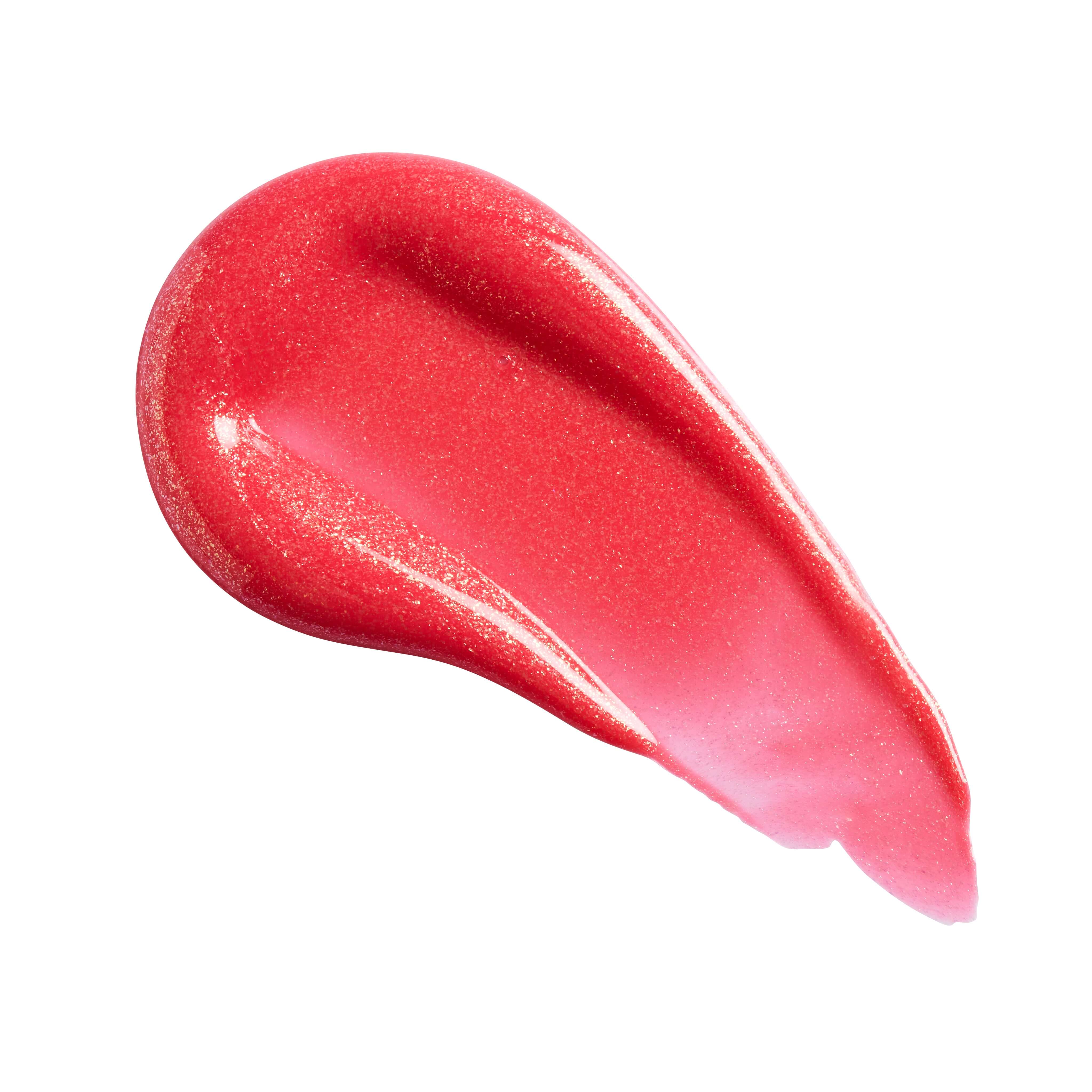 Revolution Pout Bomb Shimmer Lip Gloss swatch showcasing a glossy, shimmery red shade perfect for a sweet look.
