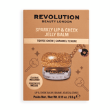 Revolution Sparkly Lip & Cheek Jelly in Toffee Chew packaging with charm included for a shimmering glow.