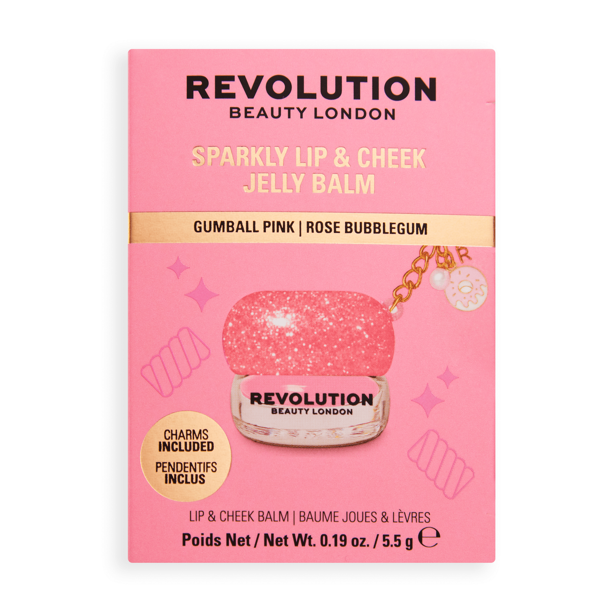 Revolution Sparkly Lip & Cheek Jelly in Gumball Pink with a sweet treat charm for a shimmering glow.