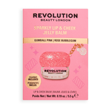 Revolution Sparkly Lip & Cheek Jelly in Gumball Pink with a sweet treat charm for a shimmering glow.