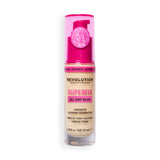 Revolution Superfix Blur Longwear Foundation F0.2N in packaging showcasing its breathable matte finish and blurring properties.