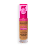 Revolution Superfix Blur Longwear Foundation F9.5NC in a clear bottle with pink cap and details.