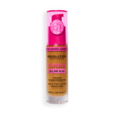 Revolution Superfix Blur Longwear Foundation F10.9W bottle with pink pump, skin-perfecting matte finish
