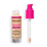 Revolution Superfix Blur Longwear Foundation bottle with pump and applicator, showcasing skin-perfecting formula.