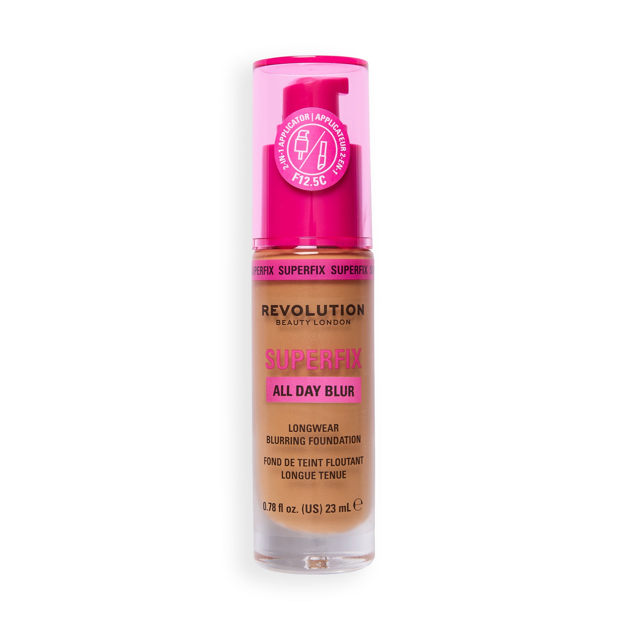 Revolution Superfix Blur Longwear Foundation F12.5C with soft matte finish and hyaluronic acid for hydration.