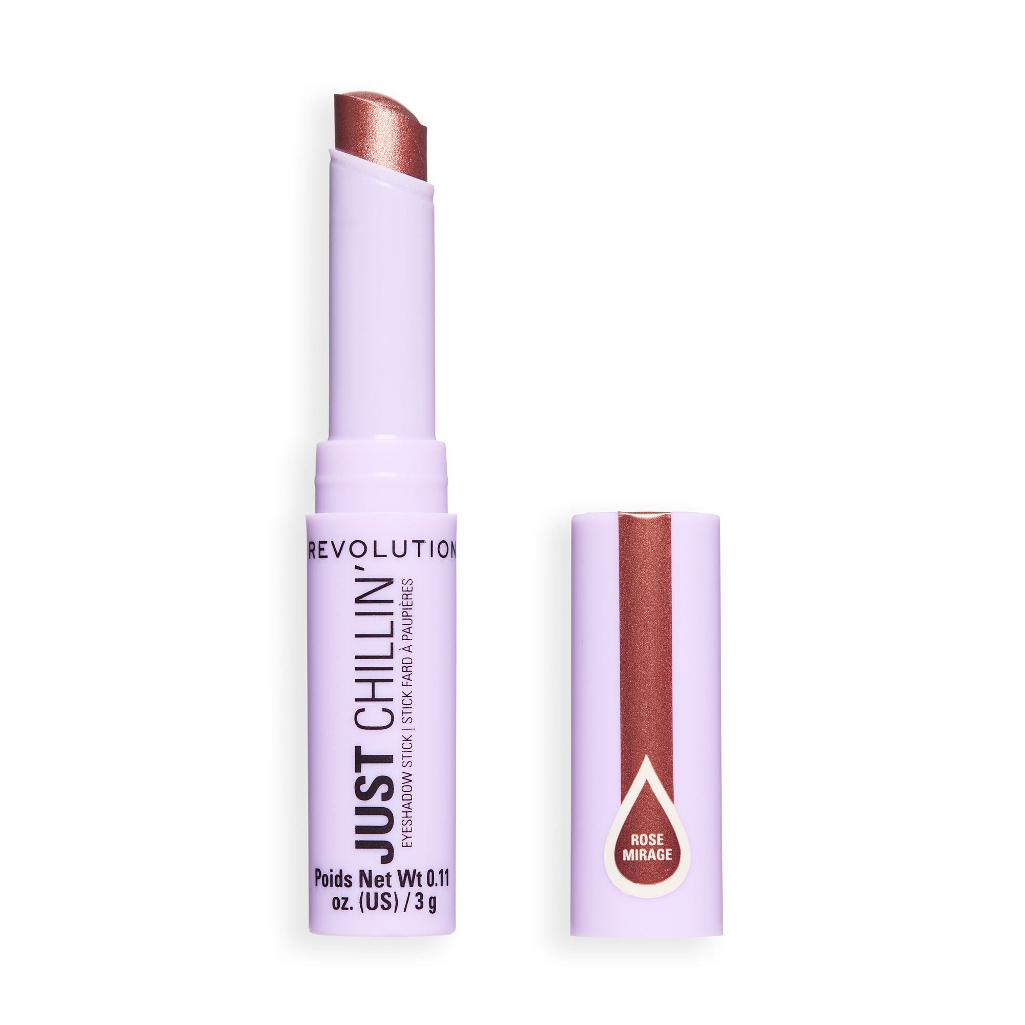 Revolution Just Chillin' Cooling Shadow Stick in Rose Mirage, features a lightweight and water-based formula for bold color.