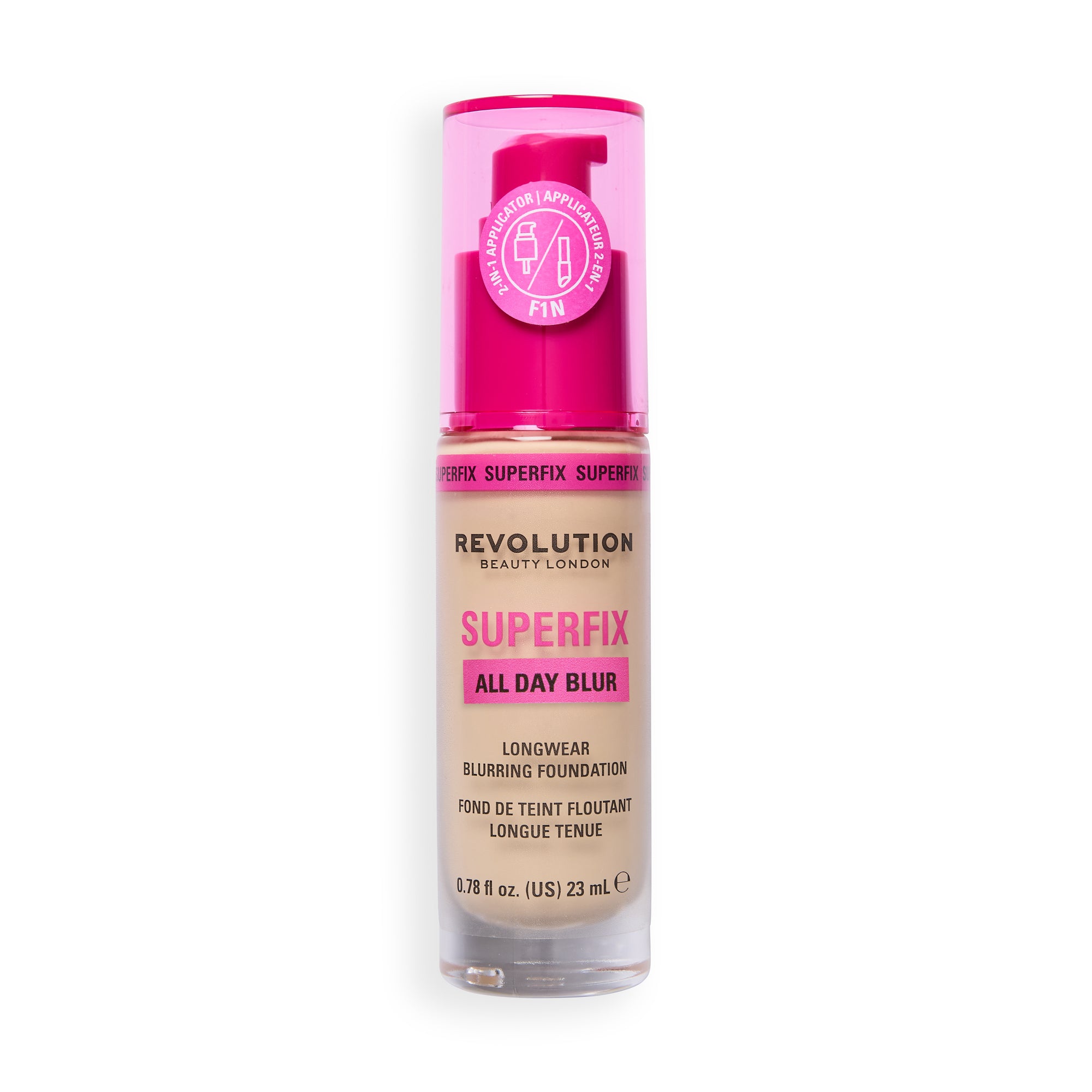 Revolution Superfix Blur Longwear Foundation in shade F1N, promoting a breathable, soft matte finish and longwear coverage.