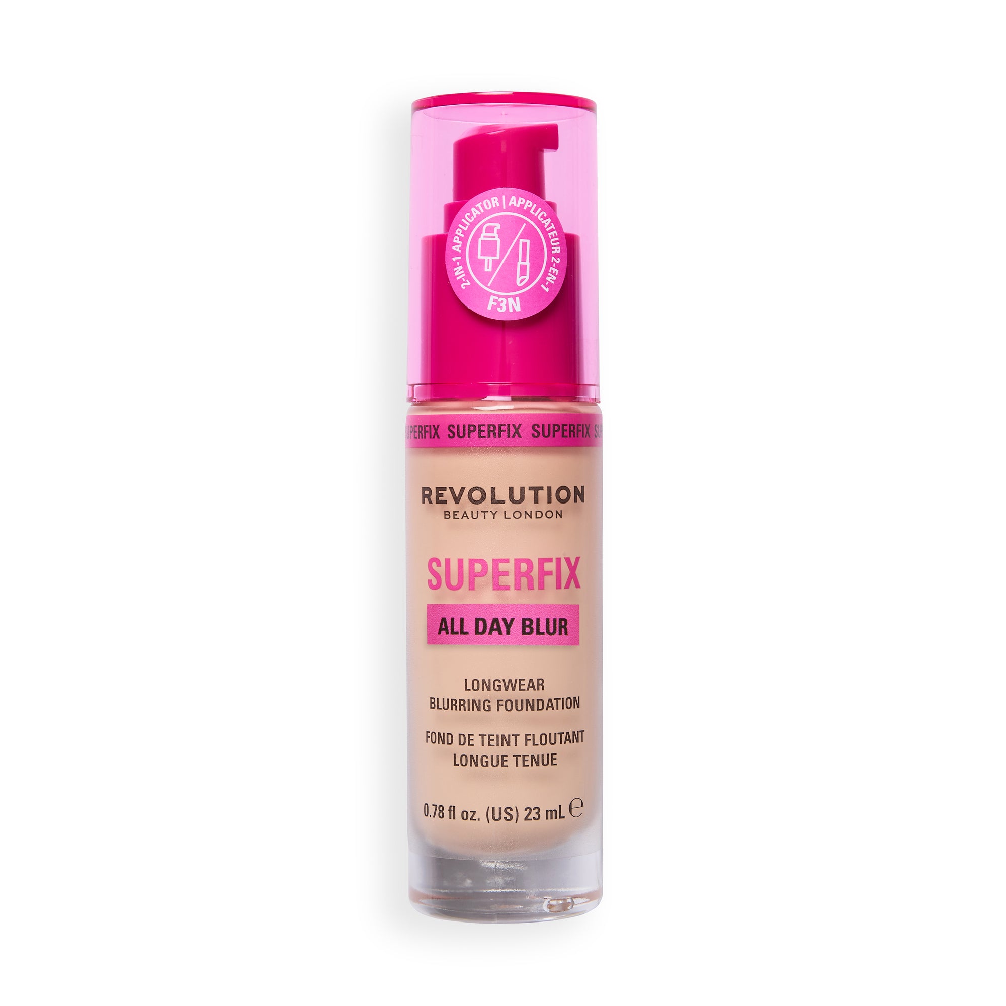 Revolution Superfix Blur Longwear Foundation in color F3N, featuring longwear coverage and soft-focus finish.