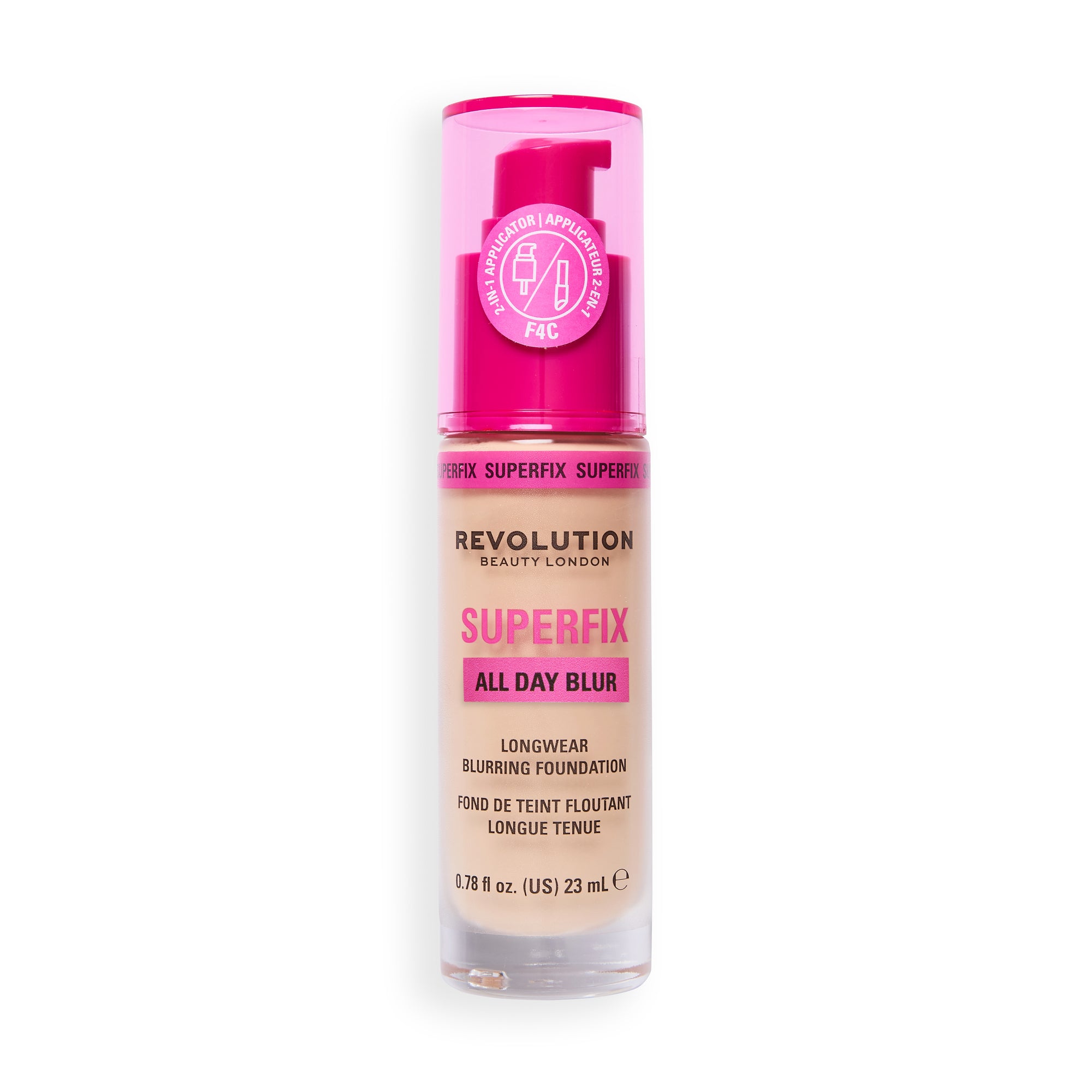 Revolution Superfix Blur Longwear Foundation F4C with pink cap and pump in soft matte finish for breathable coverage.