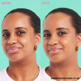 Before and after transformation using Revolution Conceal & Define Soft Matte Tube Foundation shade F11.2W on model's skin.