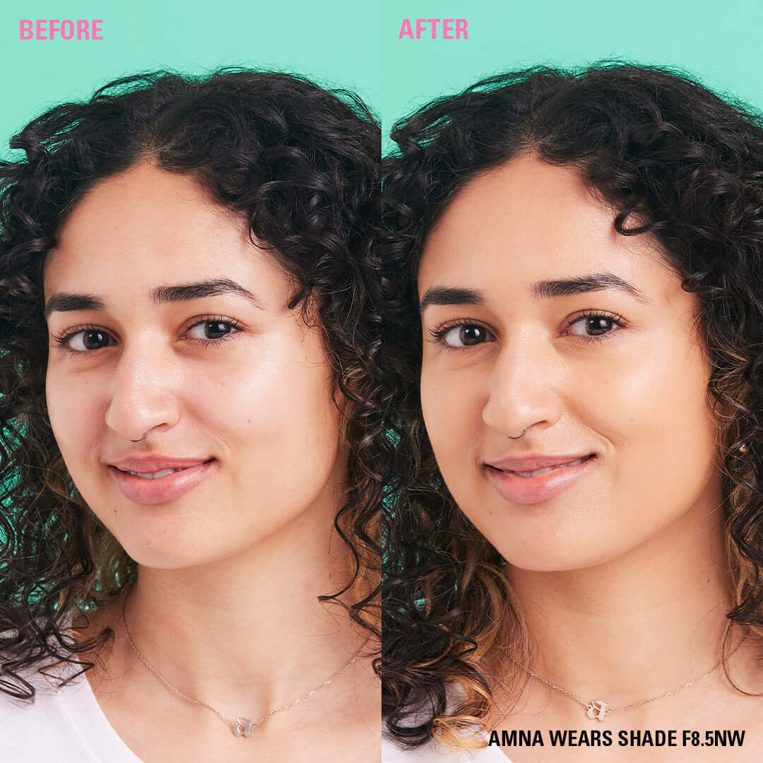 Before and after of a model showcasing Revolution Conceal & Define Soft Matte Tube Foundation in shade F8.5NW.