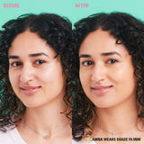 Before and after of a model showcasing Revolution Conceal & Define Soft Matte Tube Foundation in shade F8.5NW.