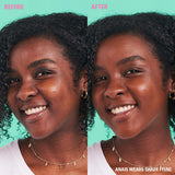 Before and after image showing the effect of Revolution Conceal & Define Soft Matte Tube Foundation on model Anais, wearing shade F15NC.
