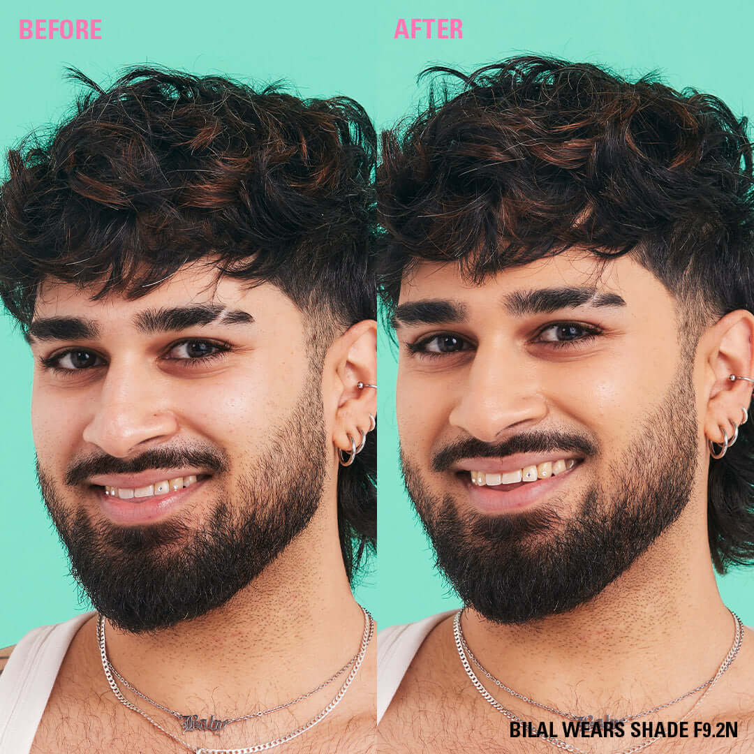 Before and after comparison of Revolution Conceal & Define Soft Matte Tube Foundation in shade F9.2N on a model.