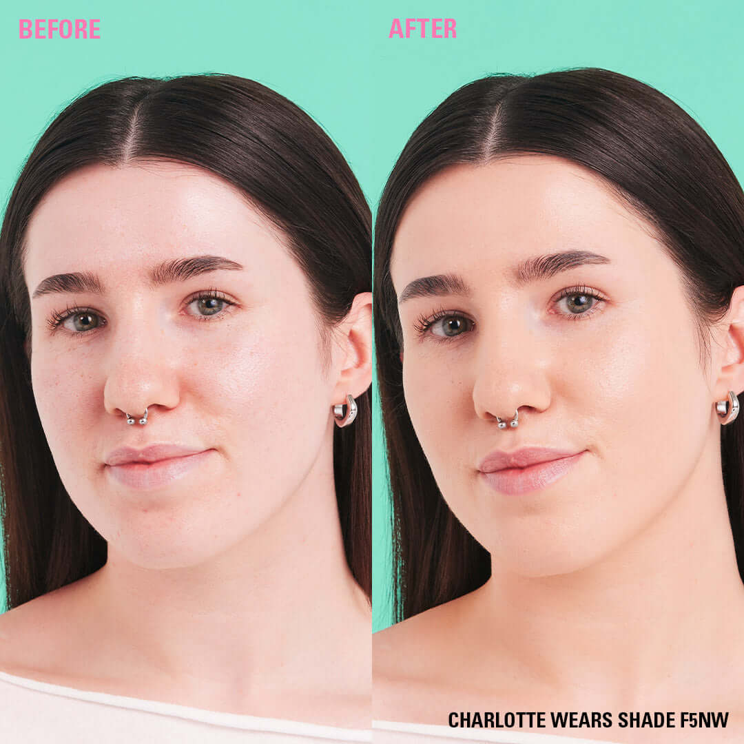 Before and after image showing Revolution Conceal & Define Soft Matte Tube Foundation applied on model Charlotte in shade F5NW.