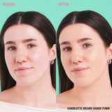 Before and after image showing Revolution Conceal & Define Soft Matte Tube Foundation applied on model Charlotte in shade F5NW.