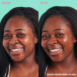 Before and after photo showcasing Revolution Conceal & Define Soft Matte Tube Foundation on Cherise in shade F16.7NW.