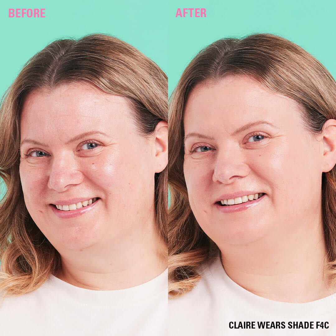 Before and after image showing transformation with Revolution Conceal & Define Soft Matte Tube Foundation in shade F4C.