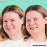 Before and after image showing transformation with Revolution Conceal & Define Soft Matte Tube Foundation in shade F4C.