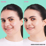 Before and after applying Revolution Conceal & Define Soft Matte Tube Foundation in shade FGN on a model.