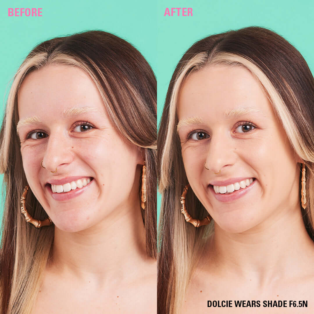 Before and after transformation using Revolution Conceal & Define Soft Matte Tube Foundation, shade F6.5N.