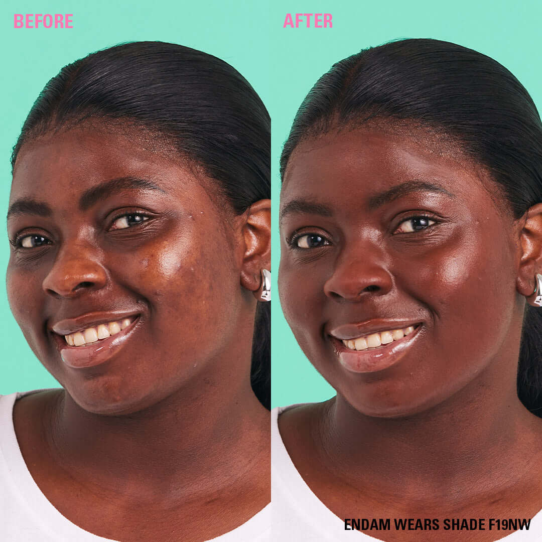 Before and after transformation using Revolution Conceal & Define Soft Matte Tube Foundation in shade F19NW.