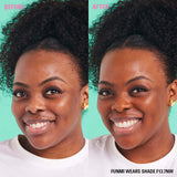 Before and after image of a woman using Revolution Conceal & Define Soft Matte Tube Foundation in shade F13.7NW.
