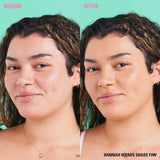 Before and after results showcasing Revolution Conceal & Define Soft Matte Tube Foundation on model wearing shade F9W.