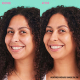 Before and after using Revolution Conceal & Define Soft Matte Tube Foundation on skin in shade F9.7W.