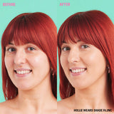 Before and after image of a model showcasing Revolution Conceal & Define Soft Matte Tube Foundation, shade F6.2NC.