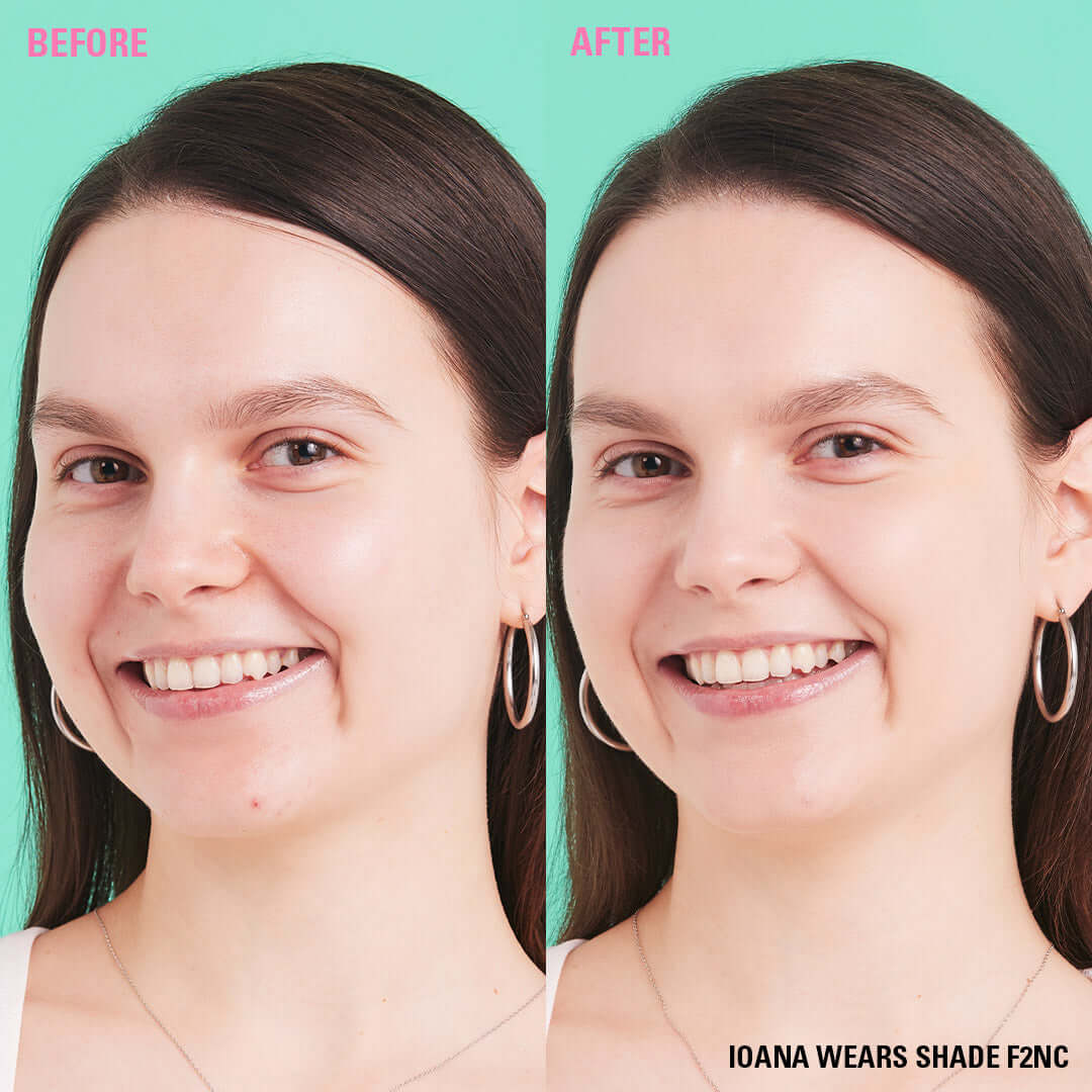 Before and after photo showing results of Revolution Conceal & Define Soft Matte Tube Foundation on model wearing shade F2NC.