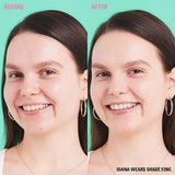 Before and after photo showing results of Revolution Conceal & Define Soft Matte Tube Foundation on model wearing shade F2NC.