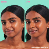 Revolution Conceal & Define Soft Matte Tube Foundation before and after application, showing a smooth, even skin tone.