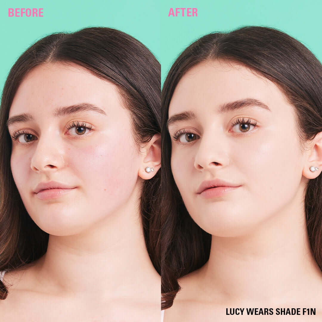 Before and after results using Revolution Conceal & Define Soft Matte Tube Foundation, showcasing skin transformation.
