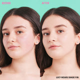 Before and after results using Revolution Conceal & Define Soft Matte Tube Foundation, showcasing skin transformation.