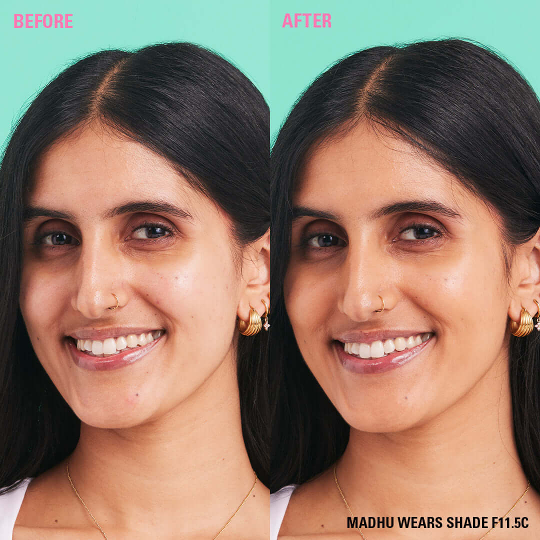 Revolution Conceal & Define Soft Matte Tube Foundation before and after, showcasing coverage in shade F11.5C.