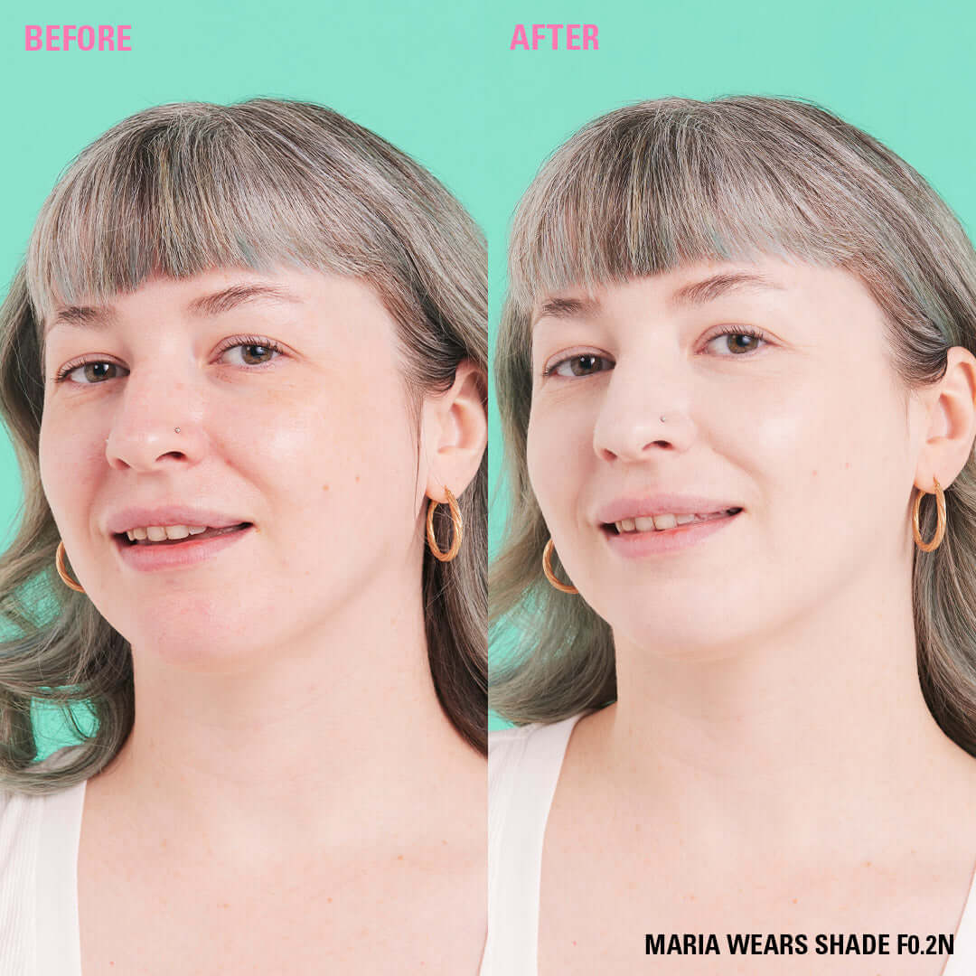 Before and after comparison of face using Revolution Conceal & Define Soft Matte Tube Foundation in shade F0.2N.