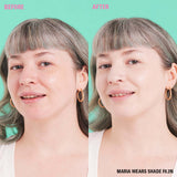 Before and after comparison of face using Revolution Conceal & Define Soft Matte Tube Foundation in shade F0.2N.