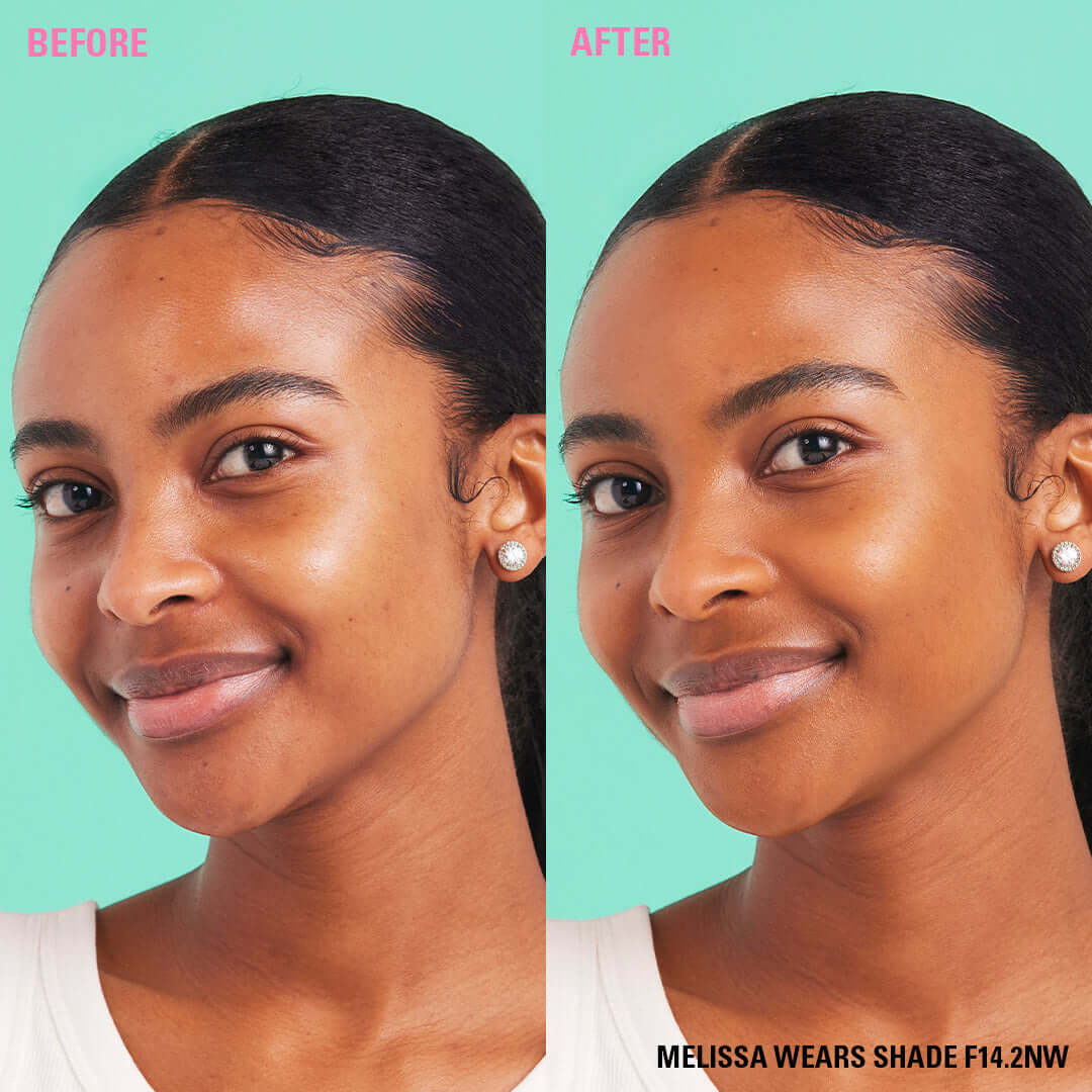 Before and after using Revolution Conceal & Define Soft Matte Tube Foundation in shade F14.2NW on model.