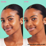 Before and after using Revolution Conceal & Define Soft Matte Tube Foundation in shade F14.2NW on model.