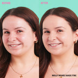 Before and after using Revolution Conceal & Define Soft Matte Tube Foundation in shade F7NC on model Molly.