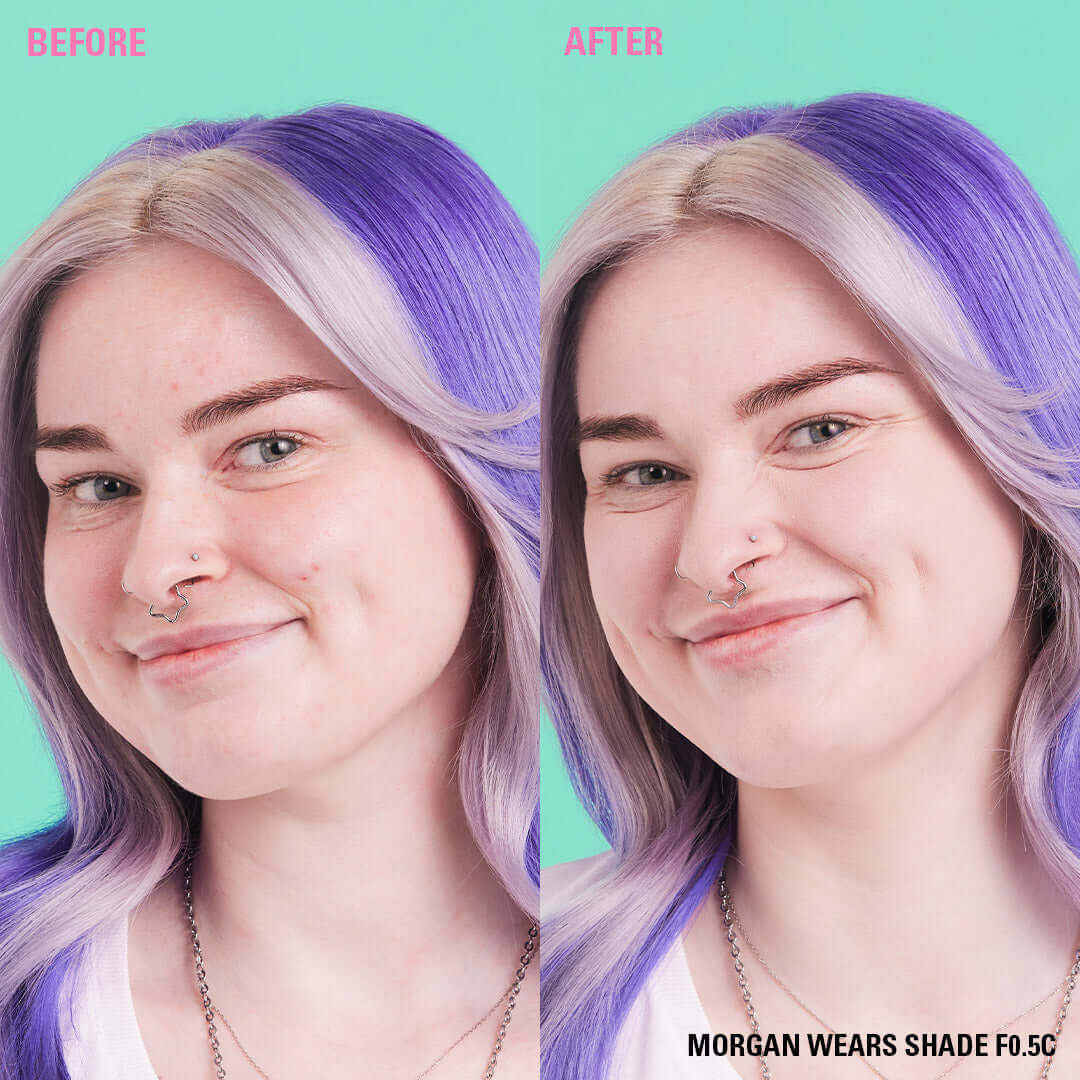 Before and after using Revolution Conceal & Define Soft Matte Tube Foundation on model wearing shade F0.5C.