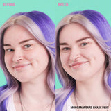 Before and after using Revolution Conceal & Define Soft Matte Tube Foundation on model wearing shade F0.5C.