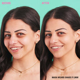 Before and after using Revolution Conceal & Define Soft Matte Tube Foundation. Nada wears shade F7.2NW.