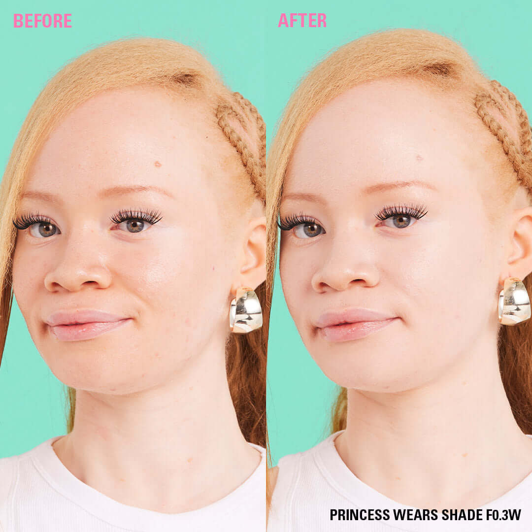 Before and after image showcasing Revolution Conceal & Define Soft Matte Tube Foundation shade F0.3W on model.