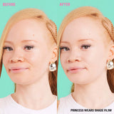 Before and after image showcasing Revolution Conceal & Define Soft Matte Tube Foundation shade F0.3W on model.