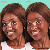 Before and after comparison of Revolution Conceal & Define Soft Matte Tube Foundation on model wearing shade F16NW.