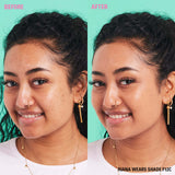Before and after using Revolution Conceal & Define Soft Matte Tube Foundation in shade F12C on model Riana.