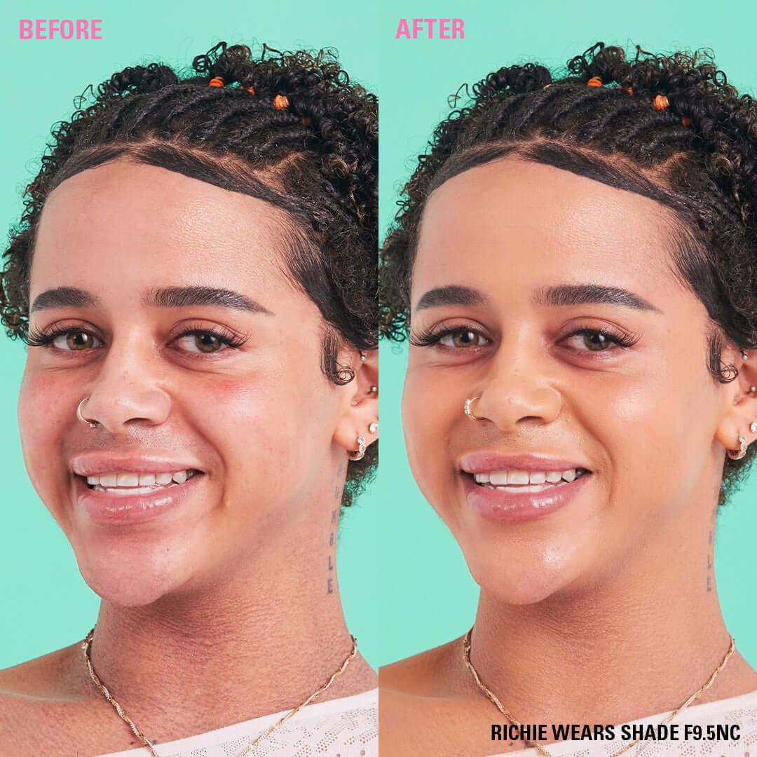 Before and after using Revolution Conceal & Define Soft Matte Tube Foundation in shade F9.5NC, showcasing a flawless finish.